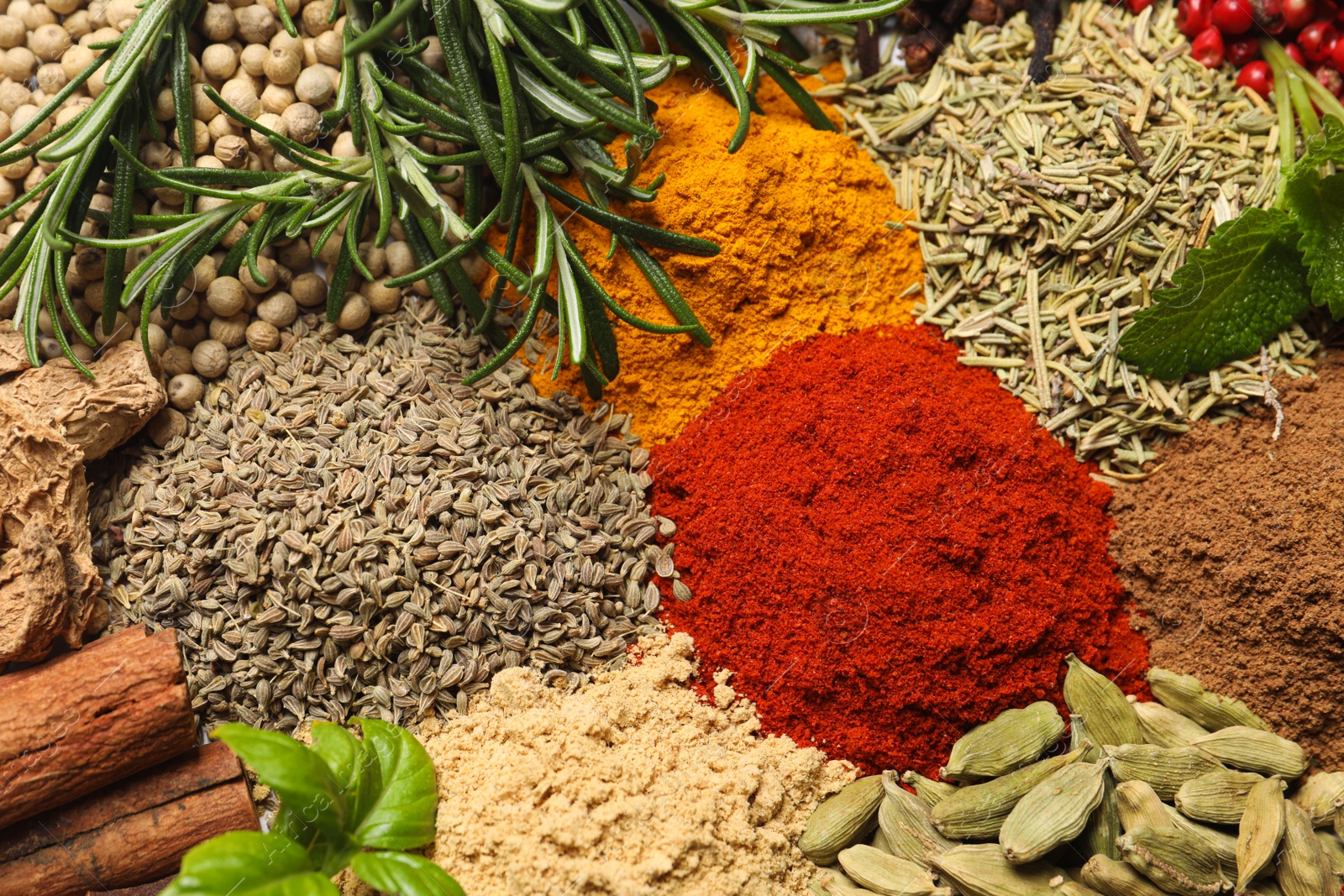 Photo of Different fresh herbs with aromatic spices as background, top view