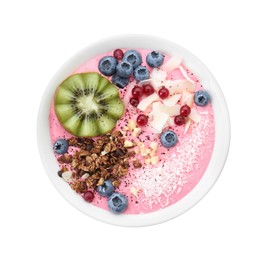 Tasty smoothie bowl with fresh kiwi fruit, berries and granola isolated on white, top view