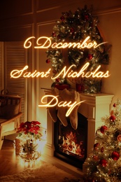 Image of 6 December Saint Nicholas Day. Christmas stockings hanging on fireplace in decorated room