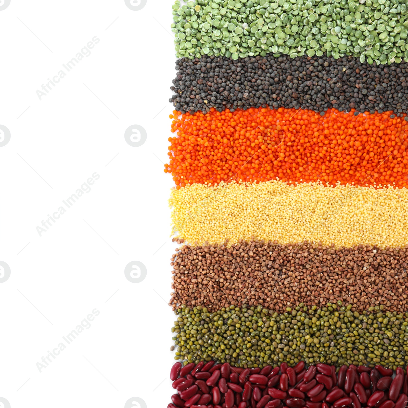 Photo of Different grains and cereals on white background, top view