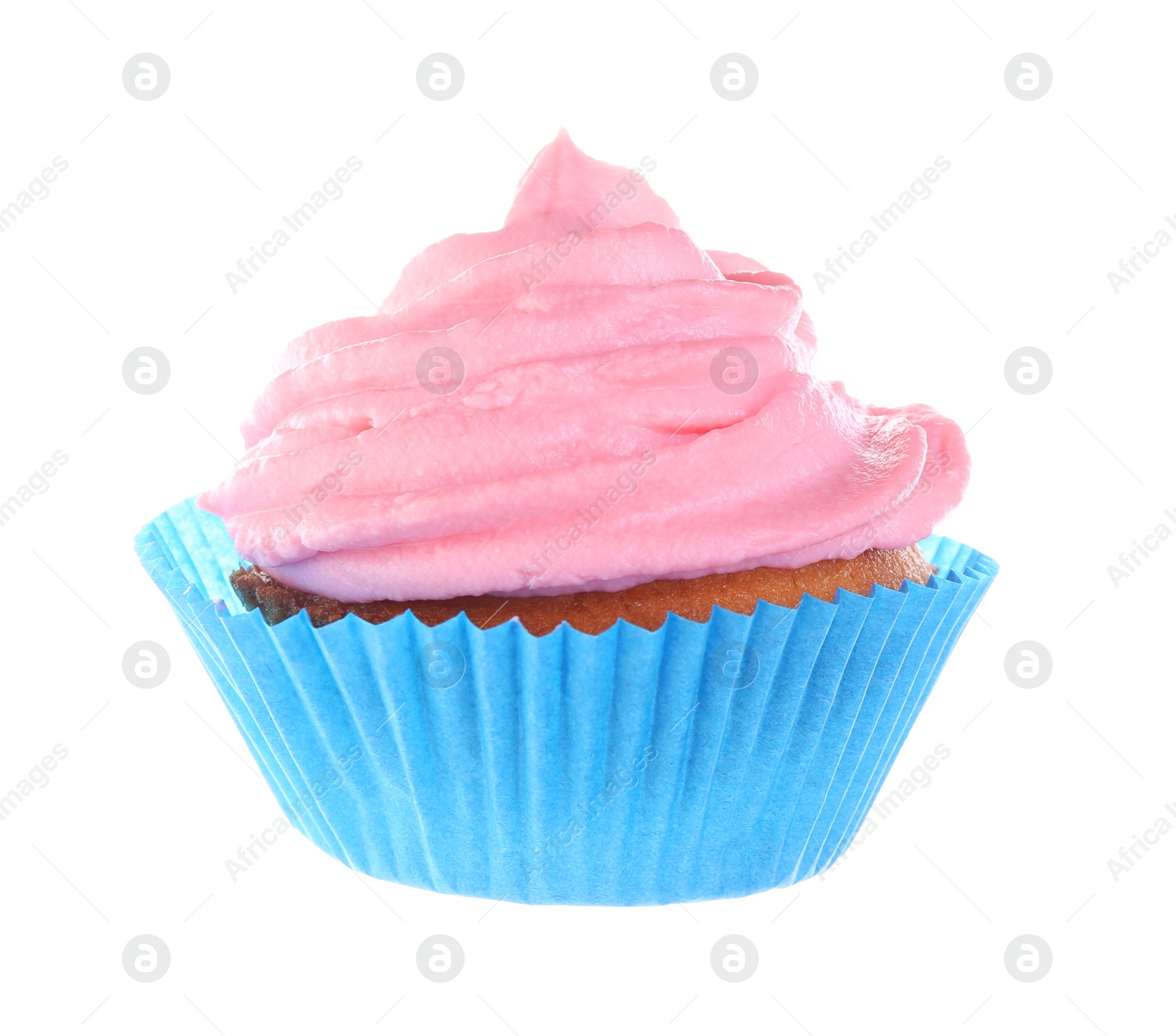 Photo of Delicious cupcake with pink cream isolated on white