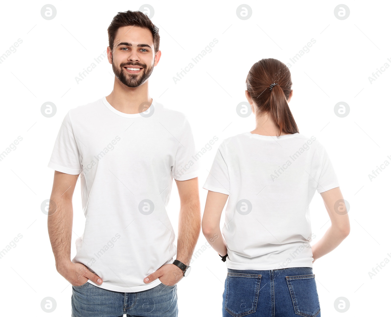 Photo of Young people in t-shirts on white background. Mock up for design