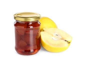 Tasty homemade quince jam in jar and fruits isolated on white