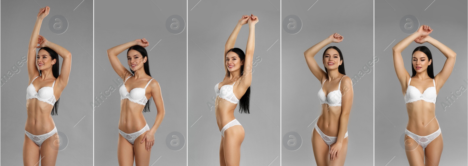 Image of Collage of beautiful young woman in white underwear on grey background