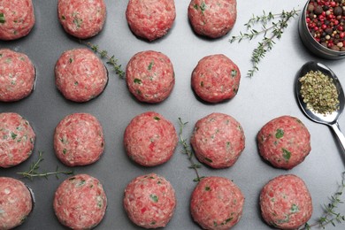 Many fresh raw meatballs on baking dish, flat lay