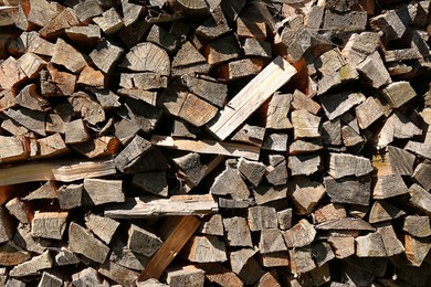 Photo of Stacked firewood as background. Heating house in winter