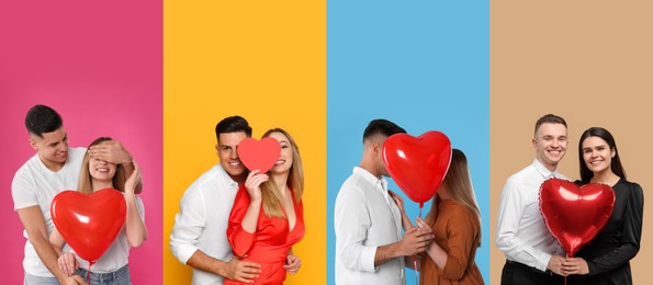 Image of Romantic date. Different lovely couples on color backgrounds, set of photos