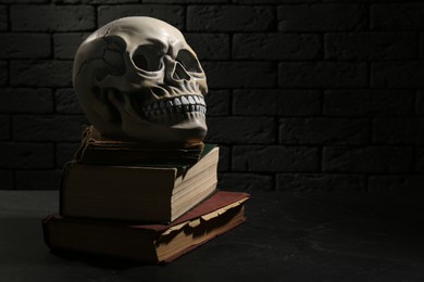 Photo of Human skull with books on black background, space for text