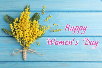 Image of Happy Women's Day. Bouquet of beautiful mimosa flowers on light blue wooden background, top view