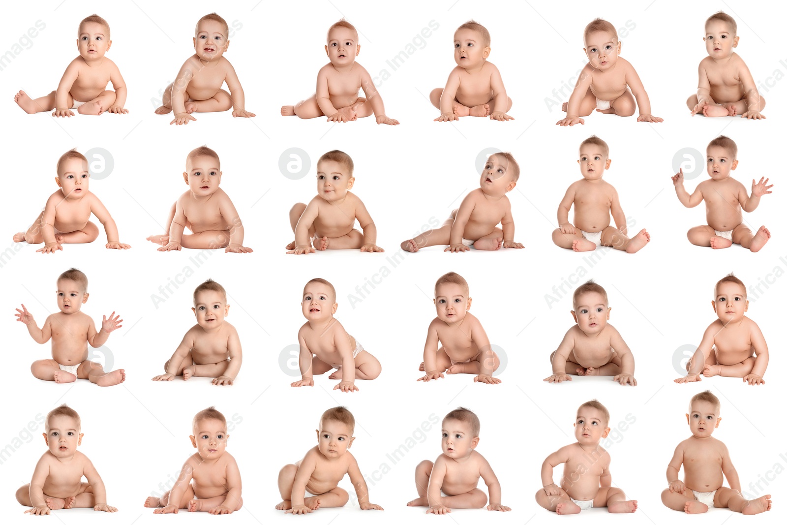 Image of Collage of cute little baby on white background