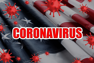 Image of Covid-19 outbreak. Virus flying over American flag