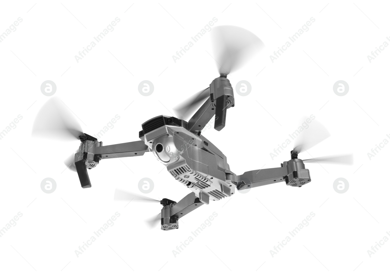 Image of Drone with camera flying on white background. Modern gadget