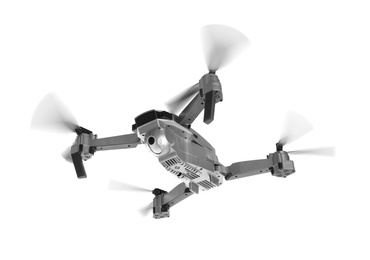 Image of Drone with camera flying on white background. Modern gadget