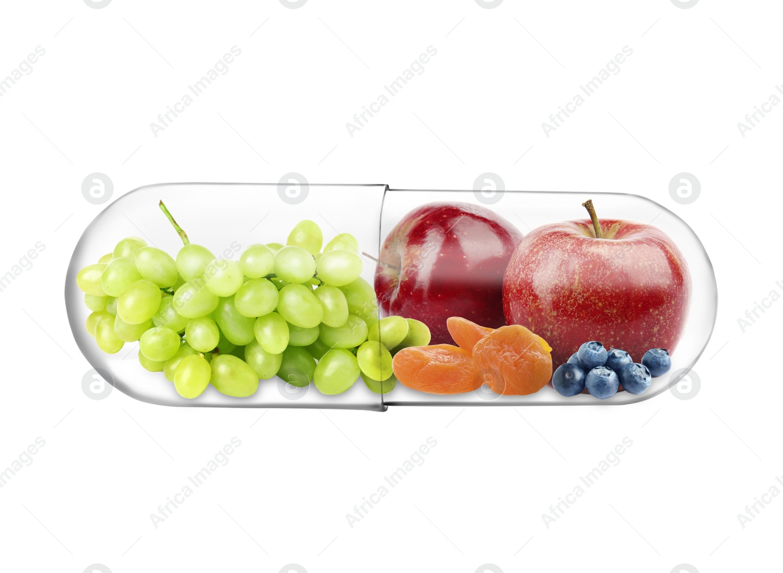 Image of Transparent capsule with different fruits and berries rich in vitamins on white background