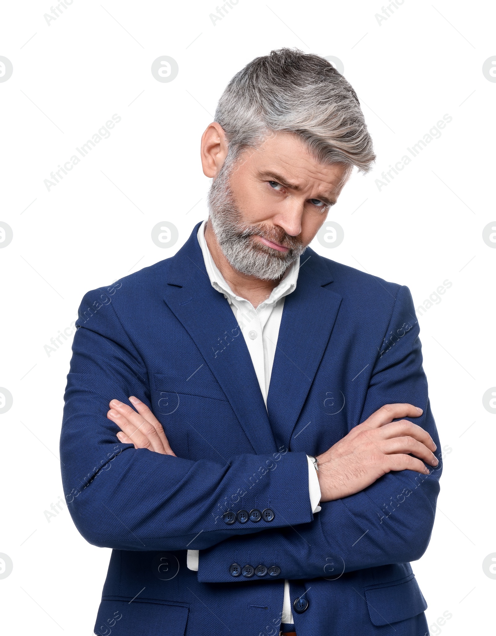 Photo of Mature businessman in stylish clothes posing on white background