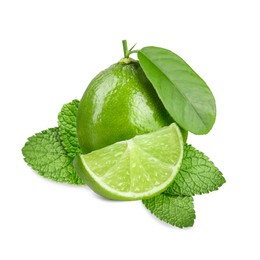 Image of Fresh ripe limes and green mint leaves isolated on white