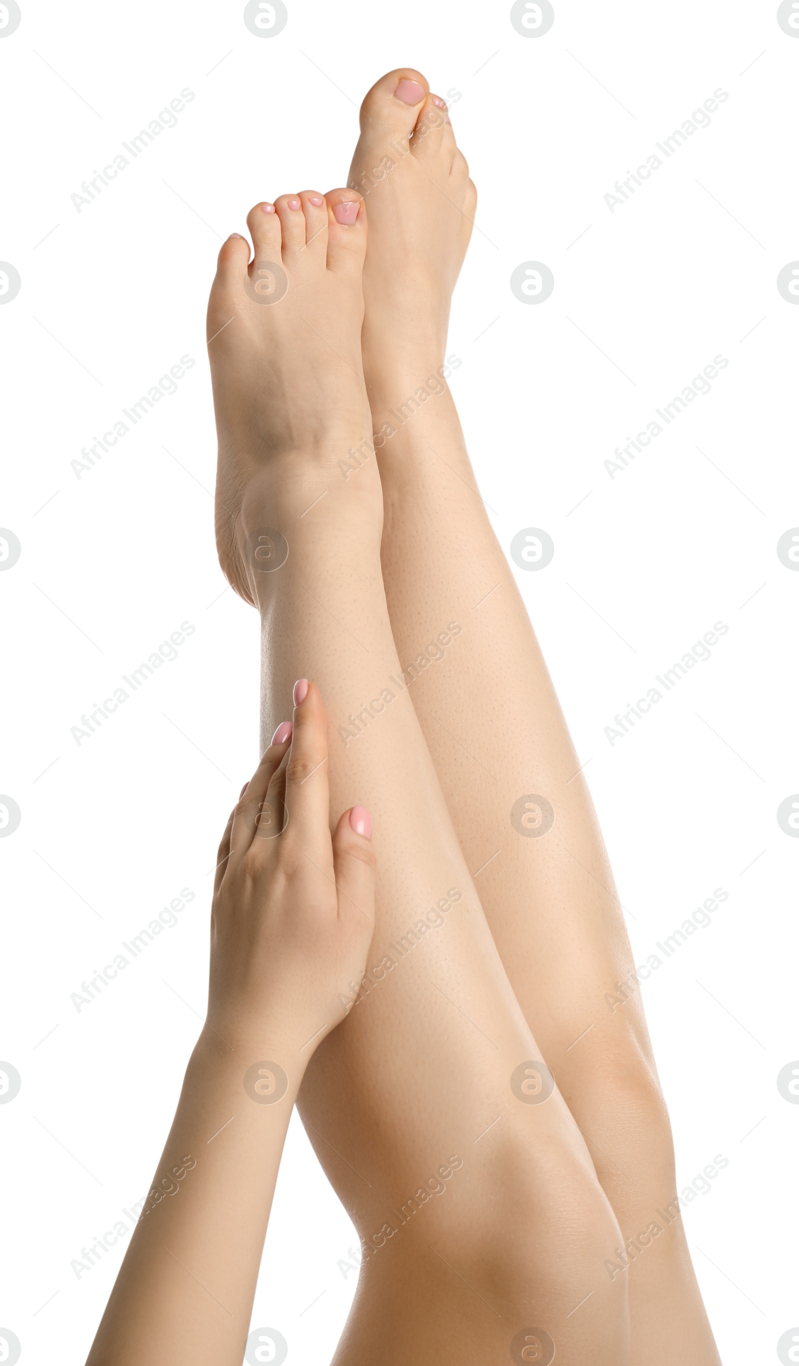 Photo of Woman with beautiful legs isolated on white, closeup