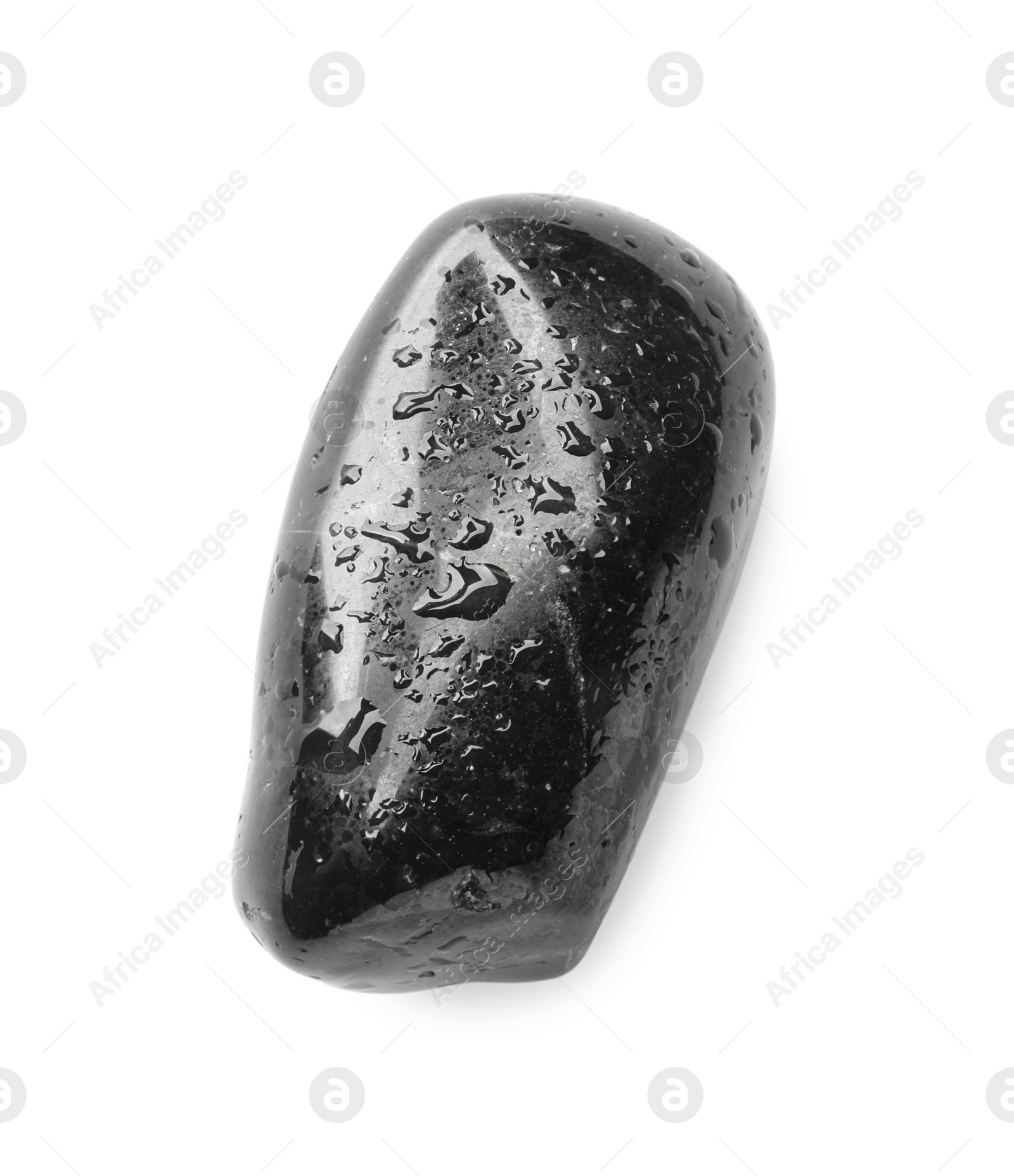 Photo of Wet stone with water drops isolated on white, top view