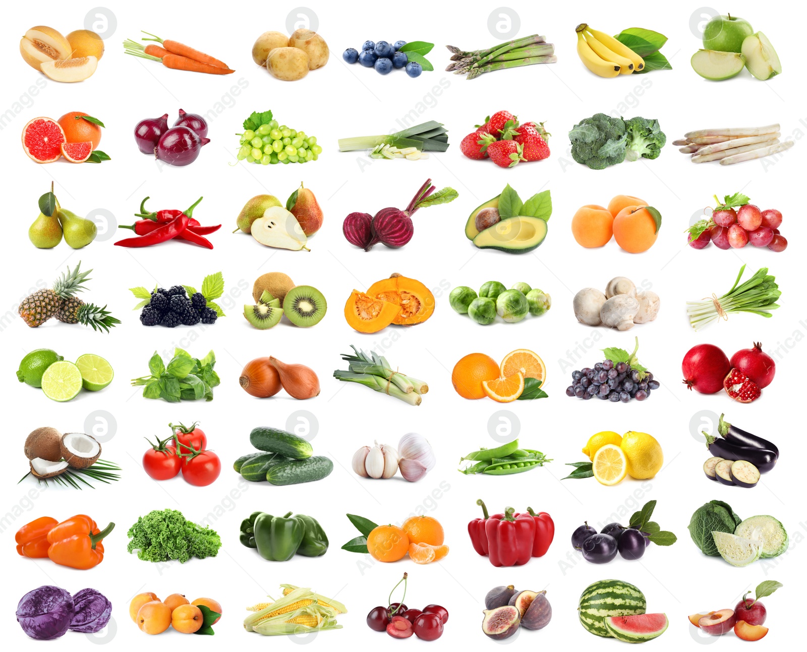 Image of Assortment of organic fresh fruits and vegetables on white background