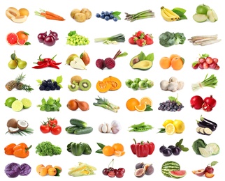 Assortment of organic fresh fruits and vegetables on white background