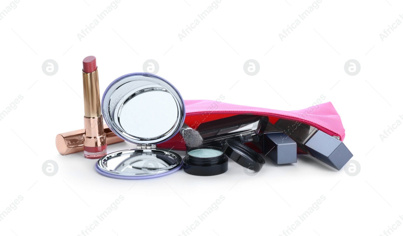 Photo of Stylish pocket mirror and cosmetic bag with makeup products on white background