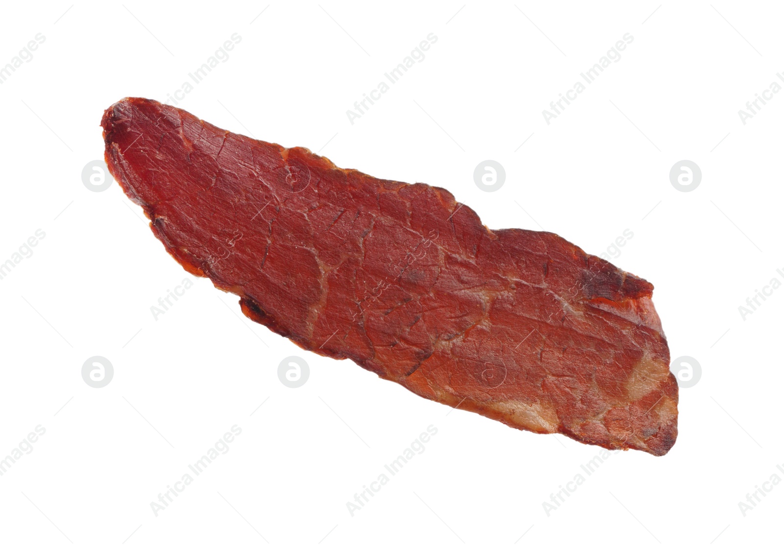 Photo of Piece of delicious beef jerky isolated on white