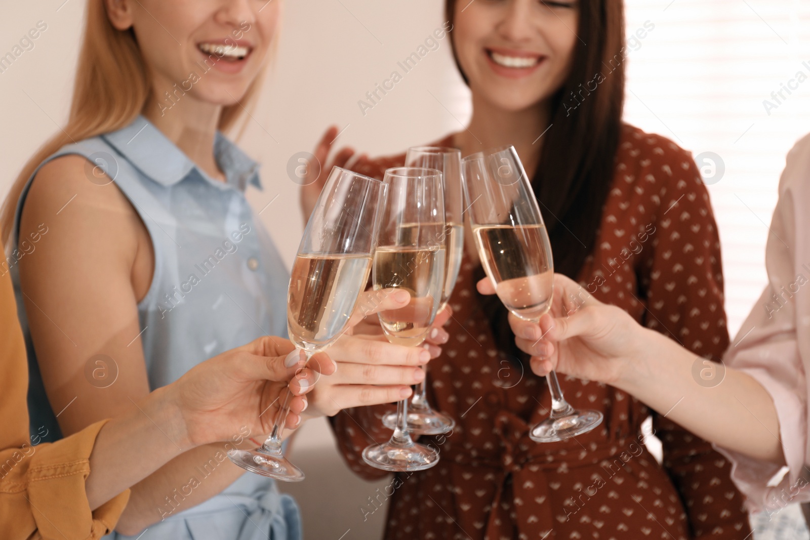 Photo of Young ladies clinking glasses of champagne, closeup. Women's Day