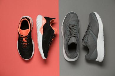 Photo of Different stylish sport shoes on color background, flat lay