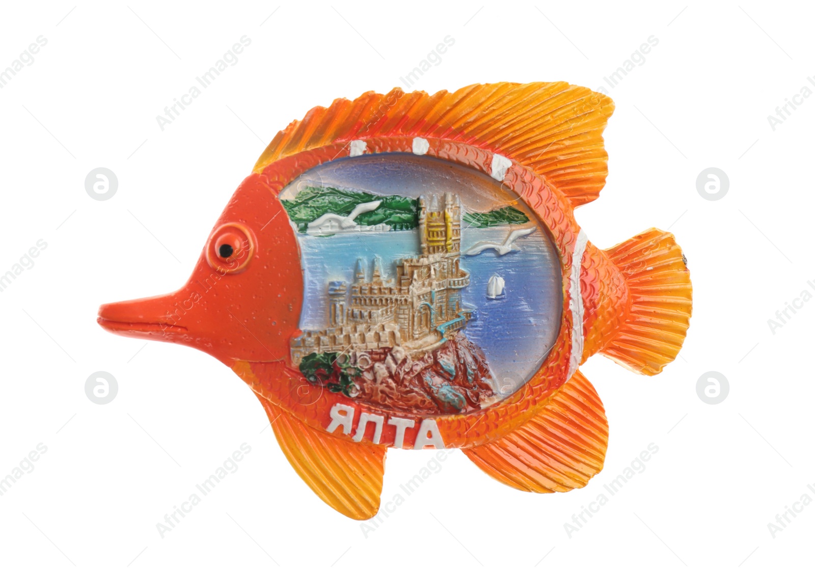 Photo of MYKOLAIV, UKRAINE - DECEMBER 24, 2018: Souvenir fridge magnet from Yalta, Republic of Crimea on white background