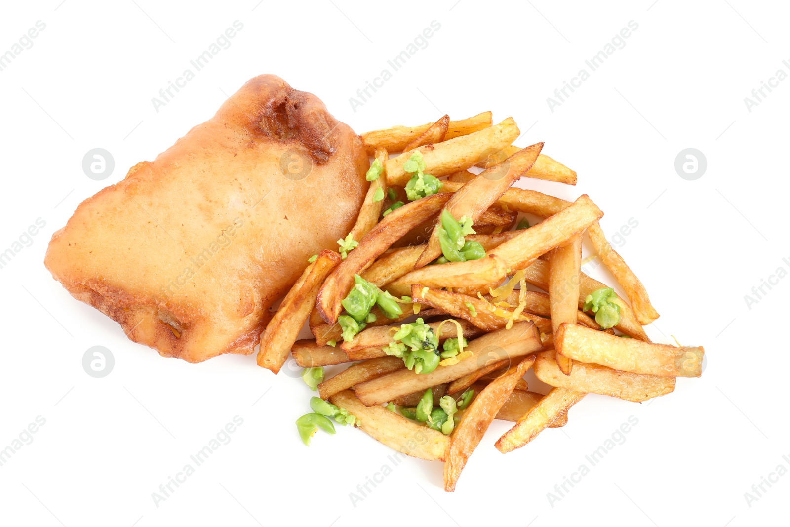 Photo of Tasty fish, chips and peas isolated on white, top view