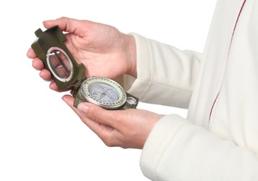 Photo of Woman holding compass on white background, closeup