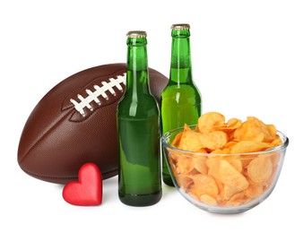 Photo of American football ball, beer, chips and heart on white background
