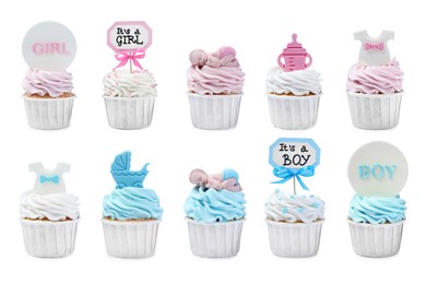 Image of Beautifully decorated baby shower cupcakes on white background, collage