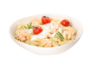 Delicious pasta with shrimps isolated on white