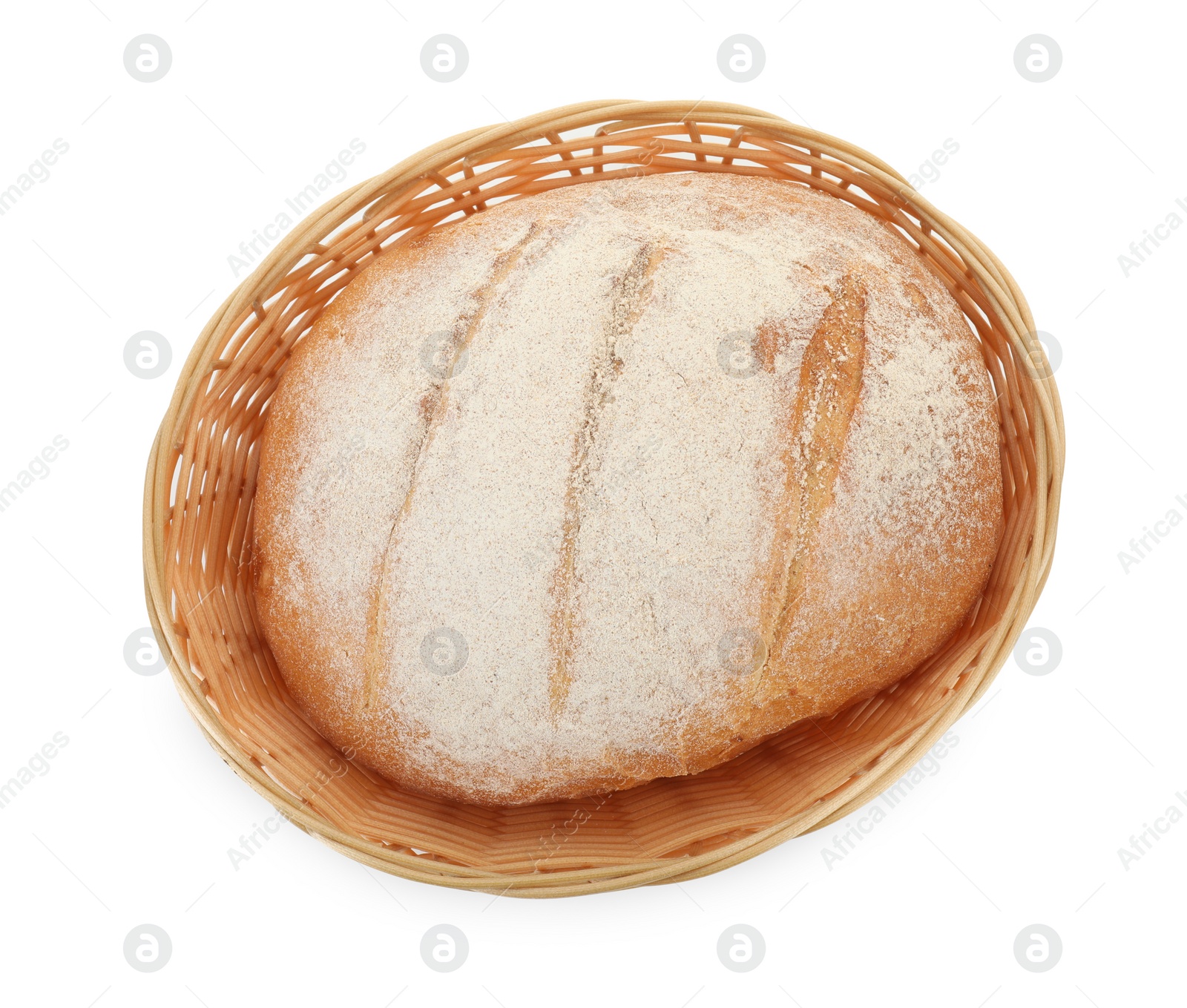 Photo of Wicker basket with fresh bread isolated on white, top view