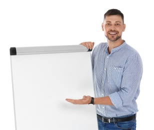 Professional business trainer near flip chart board on white background. Space for text