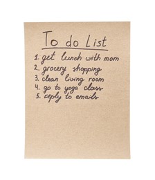 Paper with to do list on white background, top view