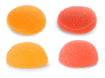 Image of Set of different jelly candies on white background