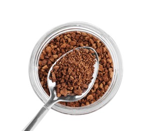 Photo of Spoon with instant coffee above glass jar isolated on white, top view