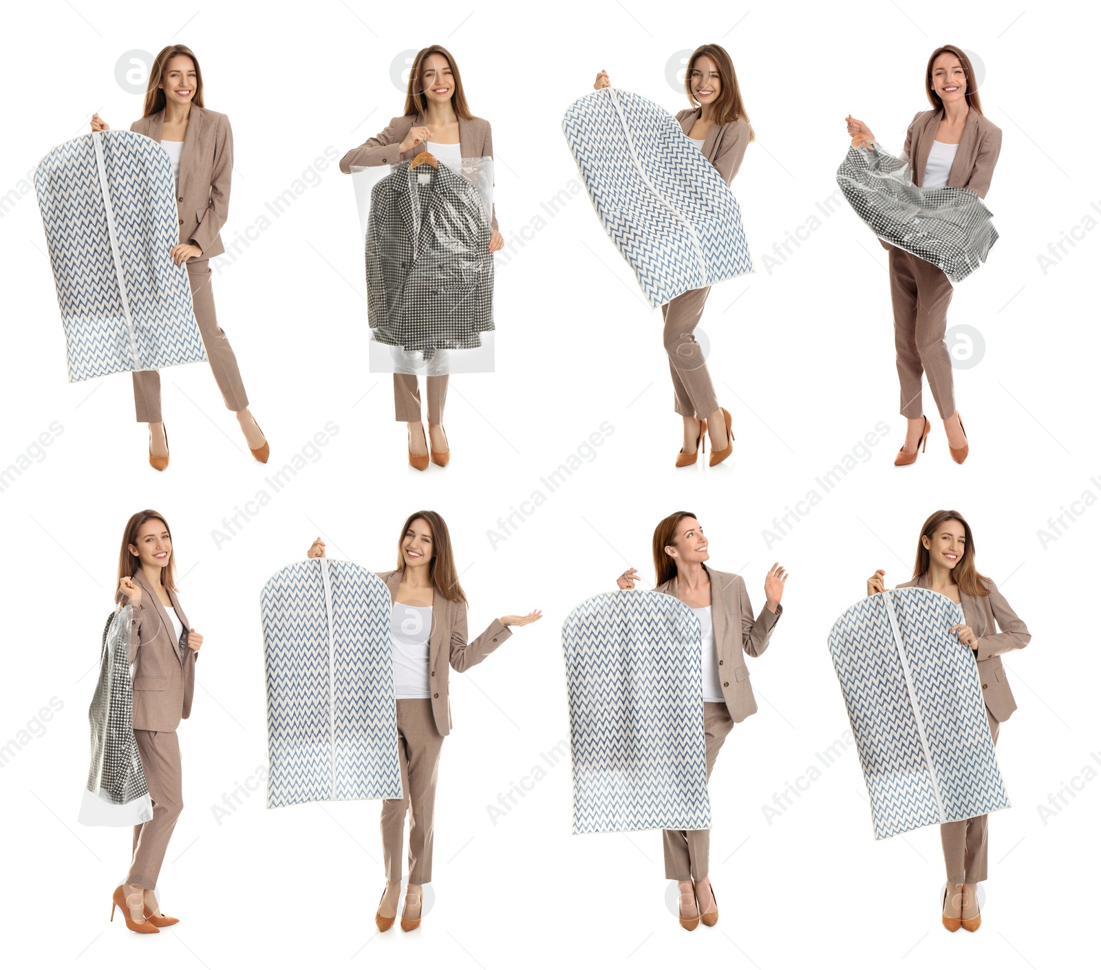 Image of Collage of woman holding hanger with clothes on white background. Dry-cleaning service