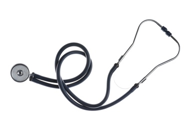 Photo of Stethoscope on white background, top view. Medical device