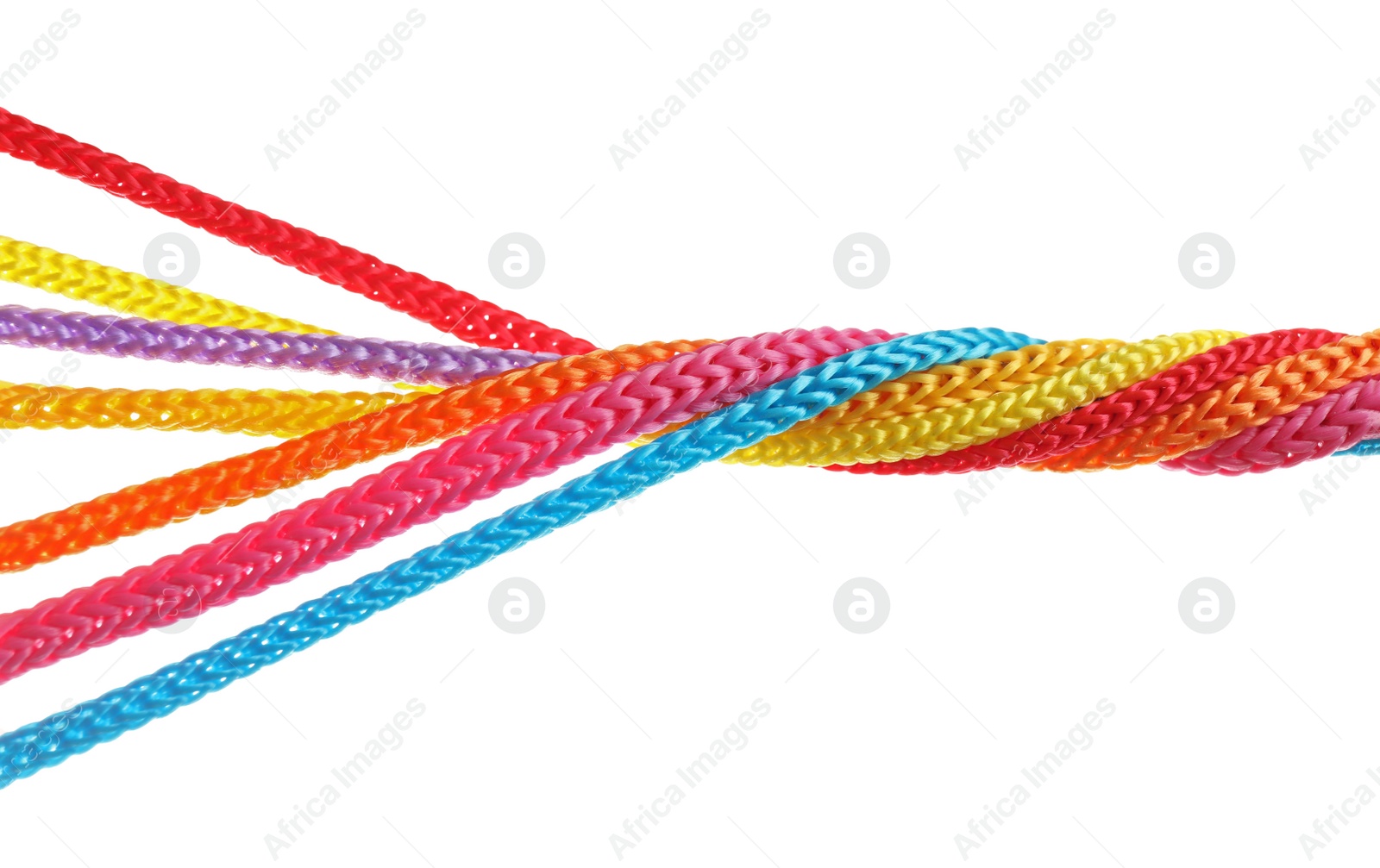 Photo of Twisted colorful ropes isolated on white. Unity concept