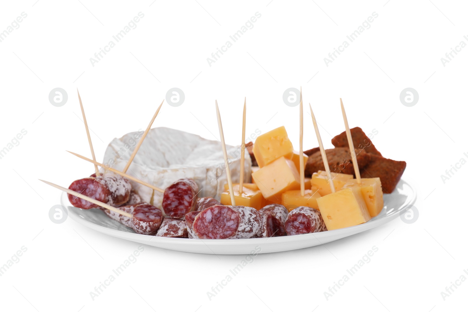 Photo of Toothpick appetizers. Tasty cheese, sausage and croutons on white background