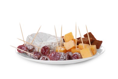 Photo of Toothpick appetizers. Tasty cheese, sausage and croutons on white background