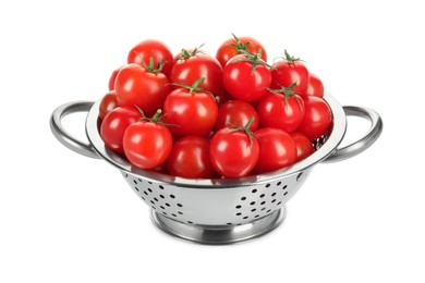 Photo of Colander with fresh ripe cherry tomatoes isolated on white