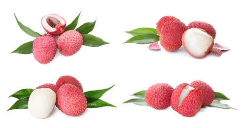 Set of delicious fresh lychees on white background. Banner design 