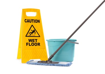 Photo of Safety sign with phrase Caution wet floor, mop and bucket on white background. Cleaning service