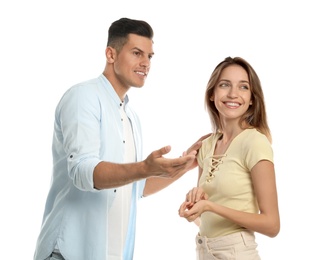 Photo of Man and woman talking on white background