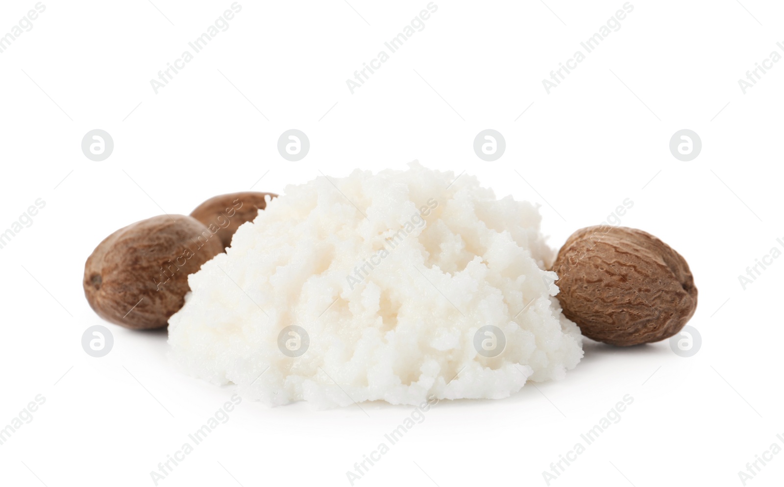 Photo of Pile of shea butter and nuts on white background