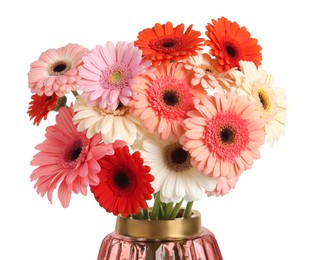 Photo of Bouquet of beautiful colorful gerbera flowers in vase on white background